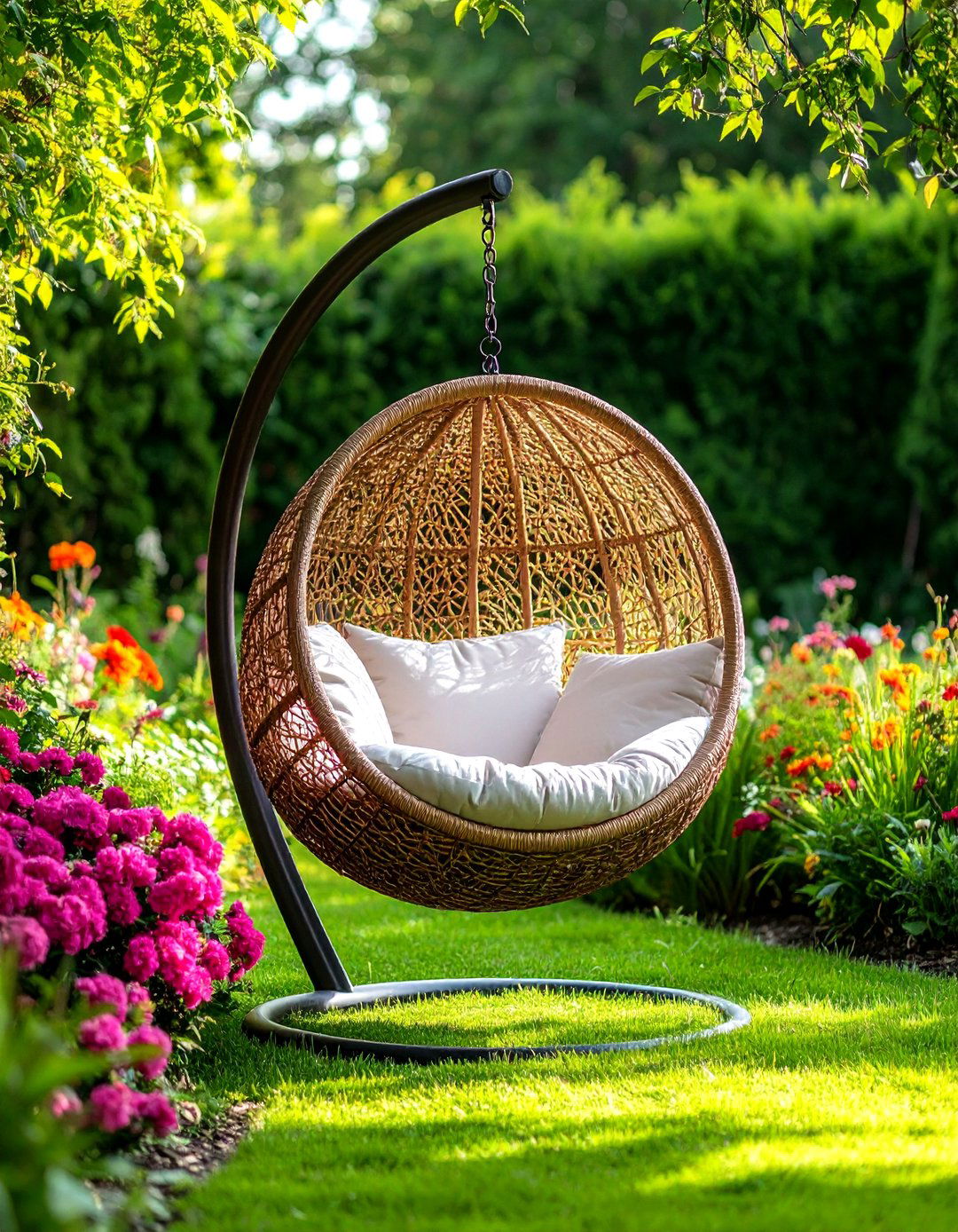 Hanging Swing Chair with Curved Stand - 24 Garden Furniture Ideas