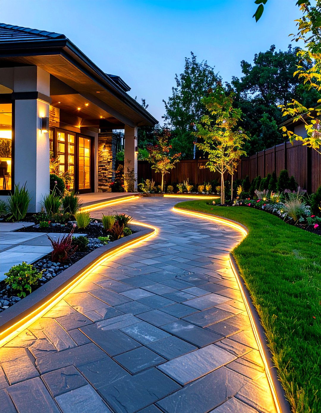 Herringbone Black Brick Walkway with LED Strip Lighting - 24 Black Brick Walkway Ideas