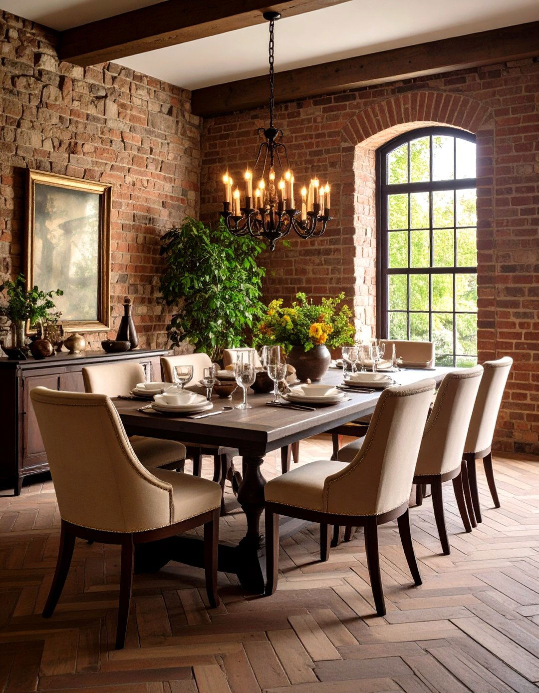 Herringbone Brick Interior with Stone Frame - 24 French Country Fireplace Ideas