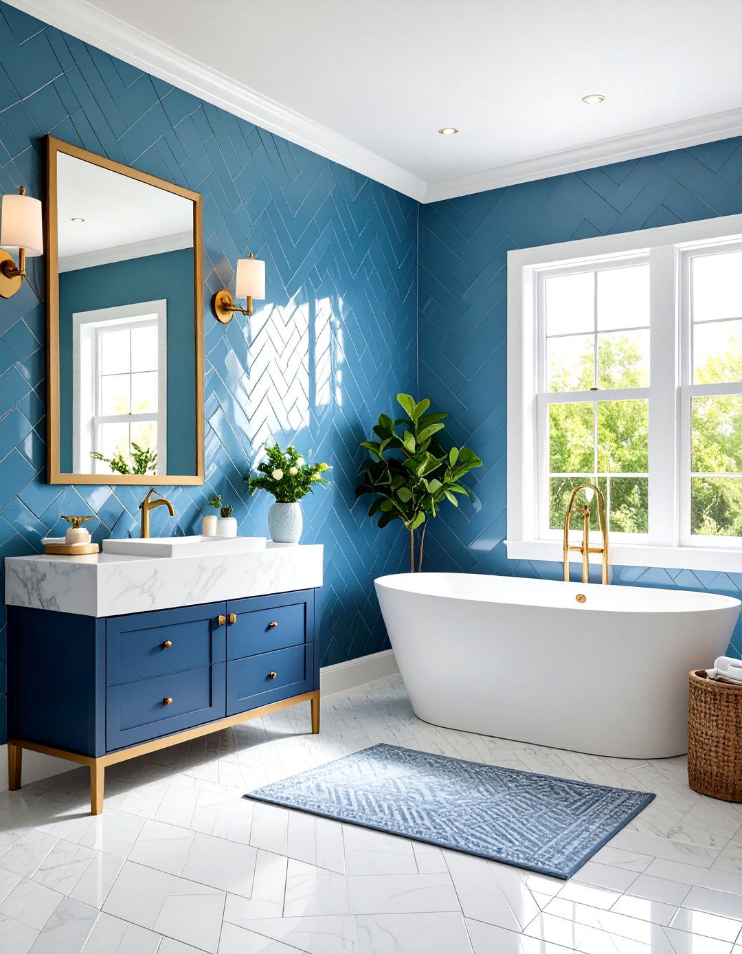 Herringbone Elegance - 24 Blue and White Bathroom Ideas