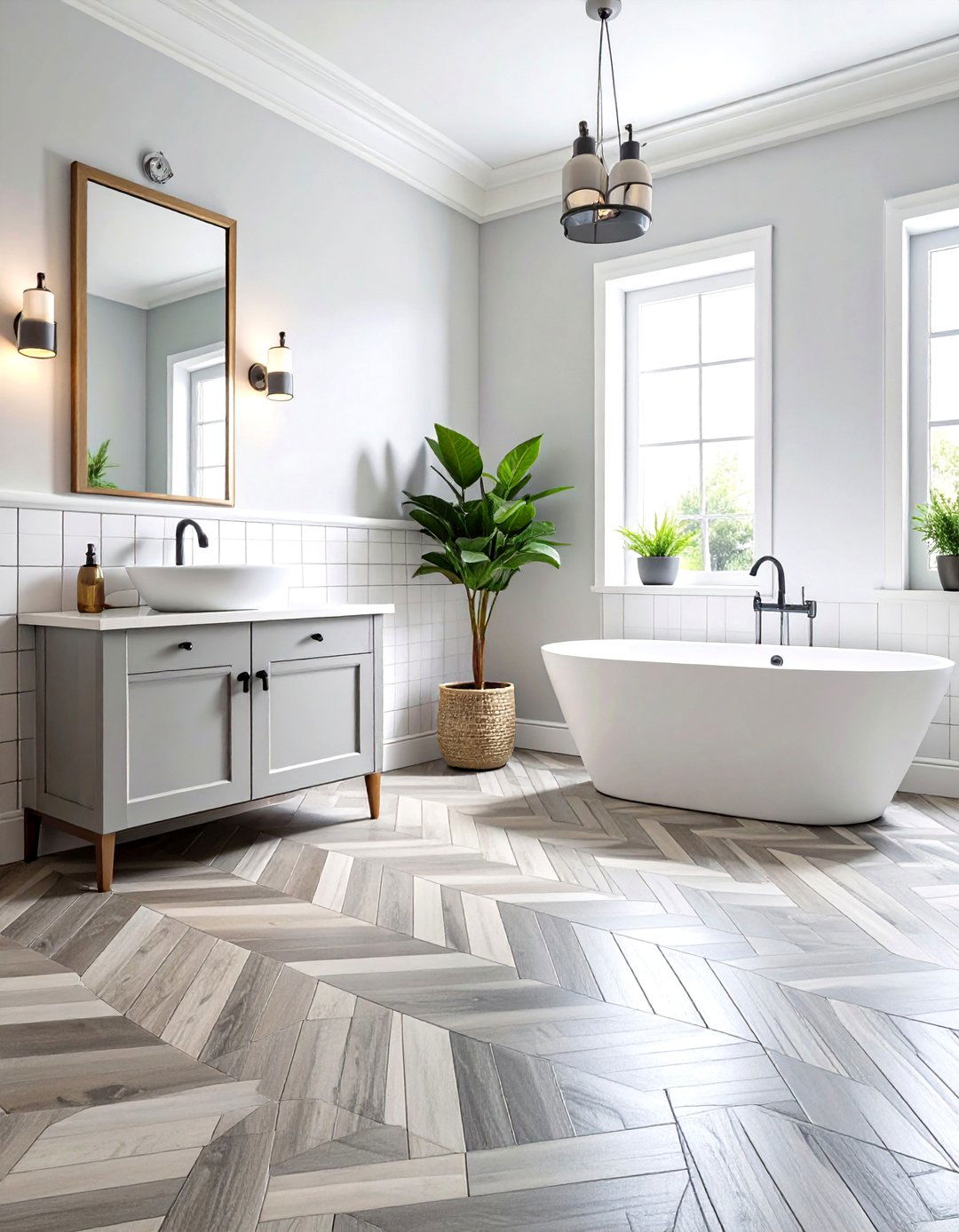 Herringbone Gray Floor Tile Patterns - 24 Gray Floor Bathroom Ideas