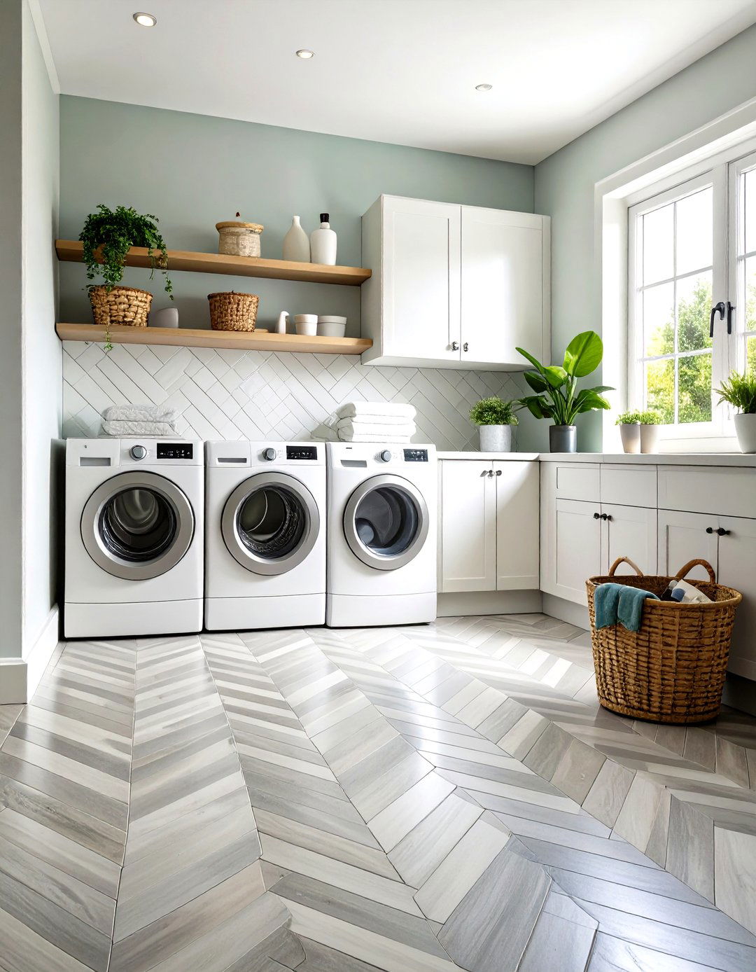 Herringbone Pattern Ceramic Tiles - 24 Laundry Room Floor Ideas
