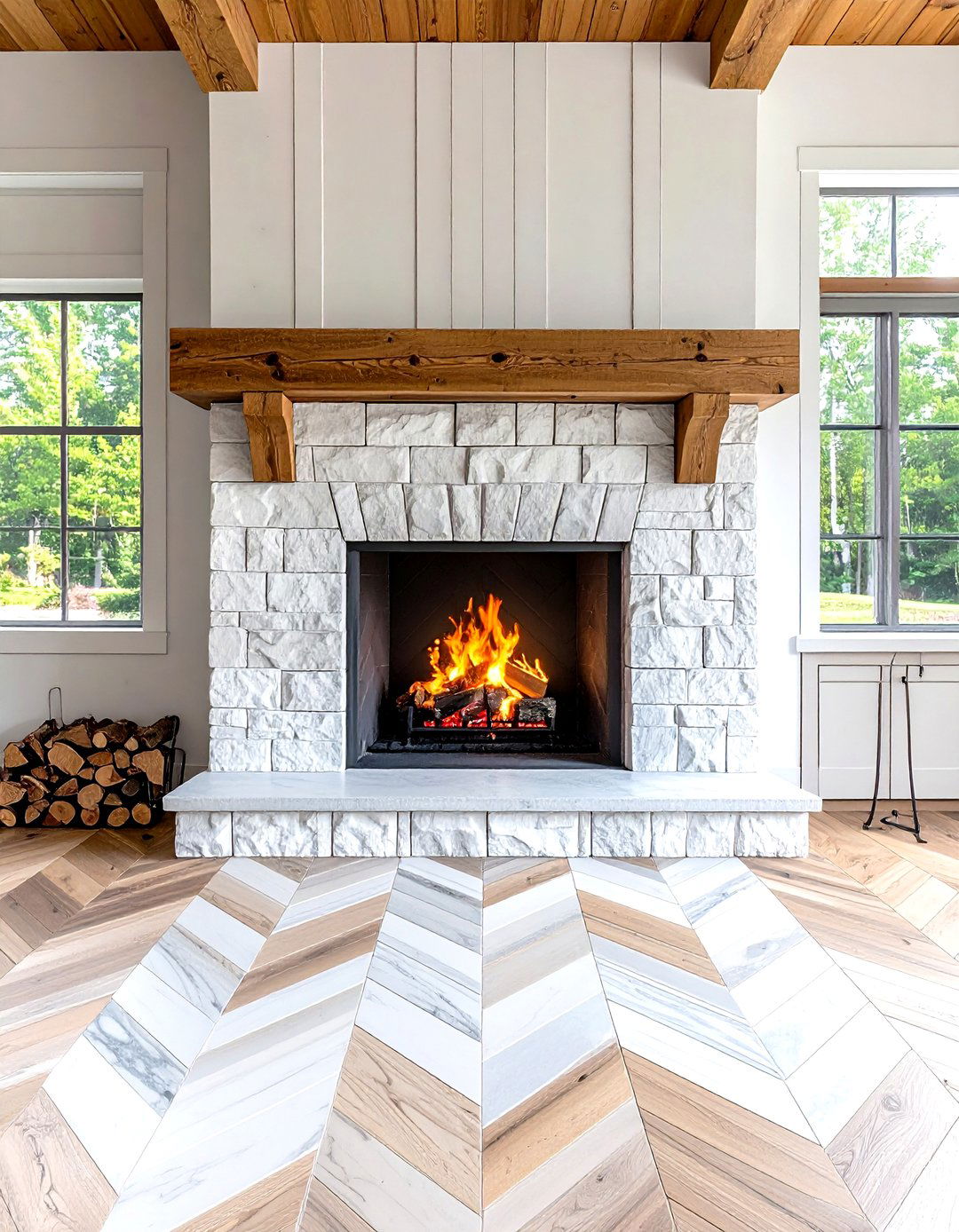 Herringbone Pattern Farmhouse Fireplace Tiles - 24 Farmhouse Fireplace Tile Ideas