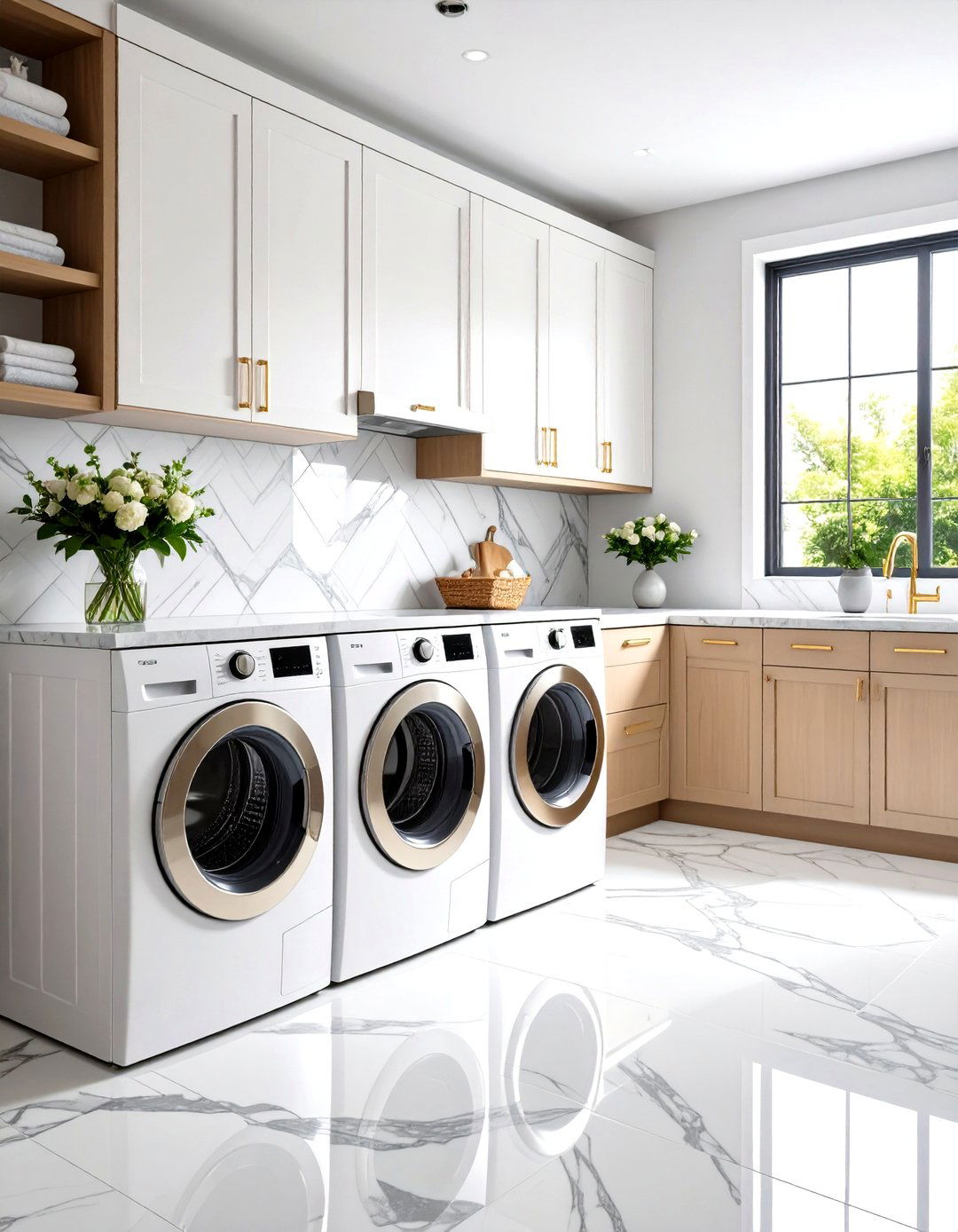 Herringbone Pattern Marble Backsplash - 24 Laundry Room Backsplash Ideas