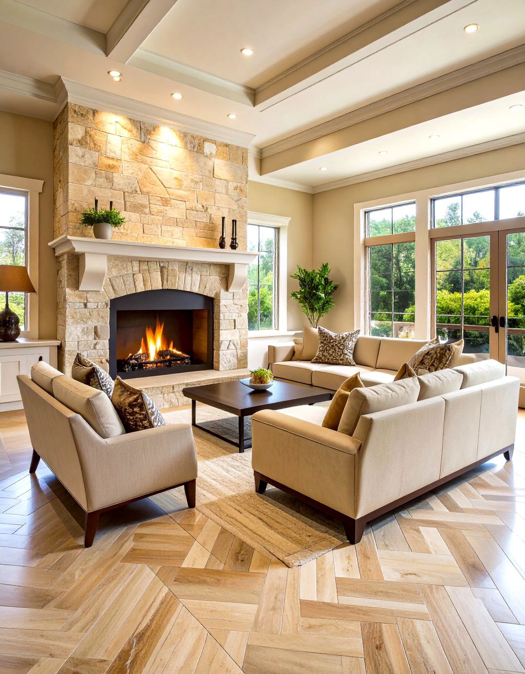 Herringbone Pattern Natural Travertine Backsplash - 24 Fireplace Backsplash Ideas