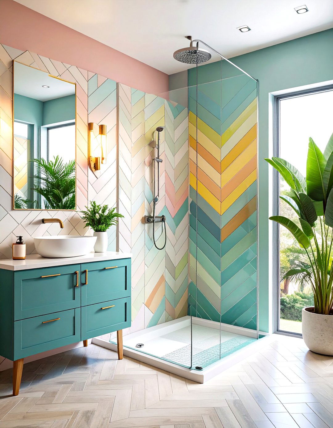 Herringbone Pattern Wall Treatment - 24 Small Bathroom Walk in Shower Ideas