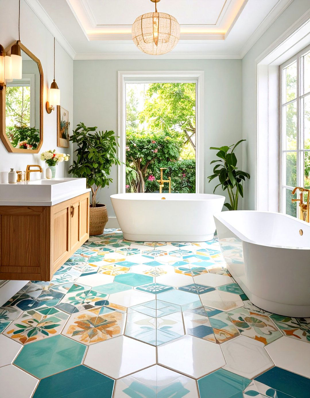 Hexagon Borders with Contrasting Center Fields - 24 Bathrooms With Hexagon Tile Floors