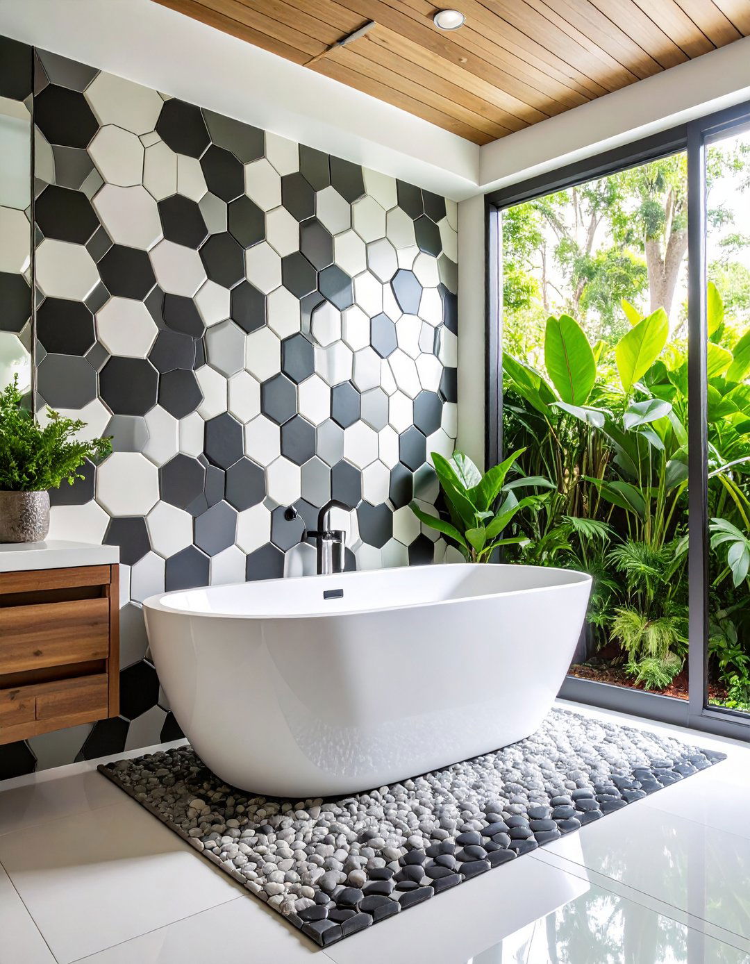 Hexagon Mosaic Accent Walls - 24 Black and White Bathroom Tile Ideas