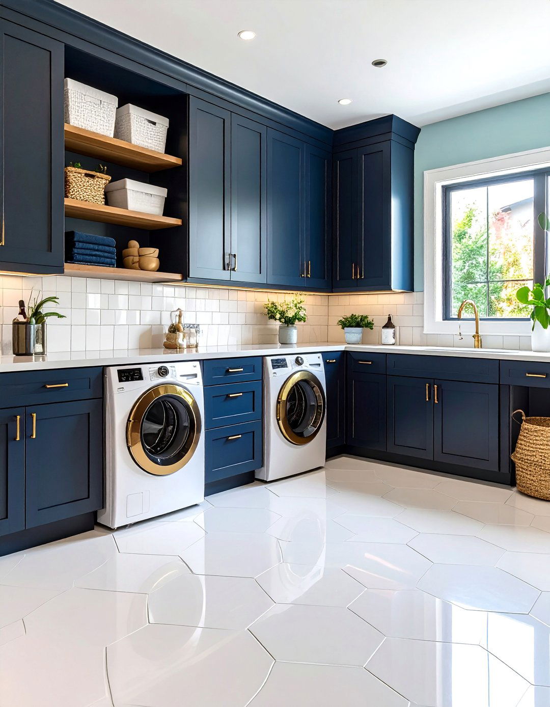 Hexagon Tile Accent Floor - 24 Black and White Laundry Room Ideas