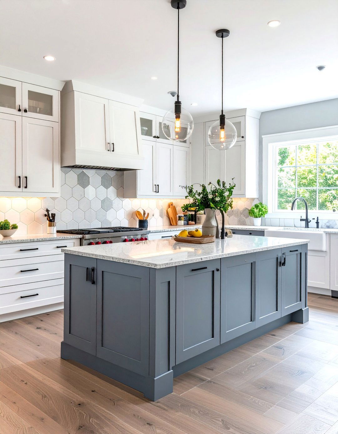 Hexagon Tile Backsplash with Mixed Finishes - 24 Backsplash Ideas for White Cabinets and Granite Countertops