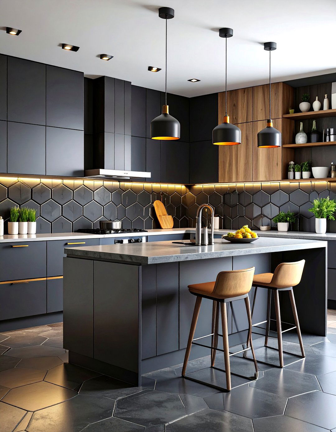 Hexagonal Black Floor Tiles - 24 Black Floor Kitchen Ideas