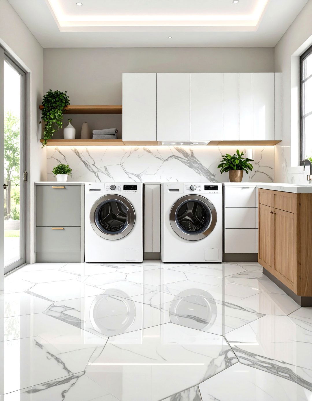 Hexagonal Marble Look Tiles - 24 Laundry Room Floor Ideas
