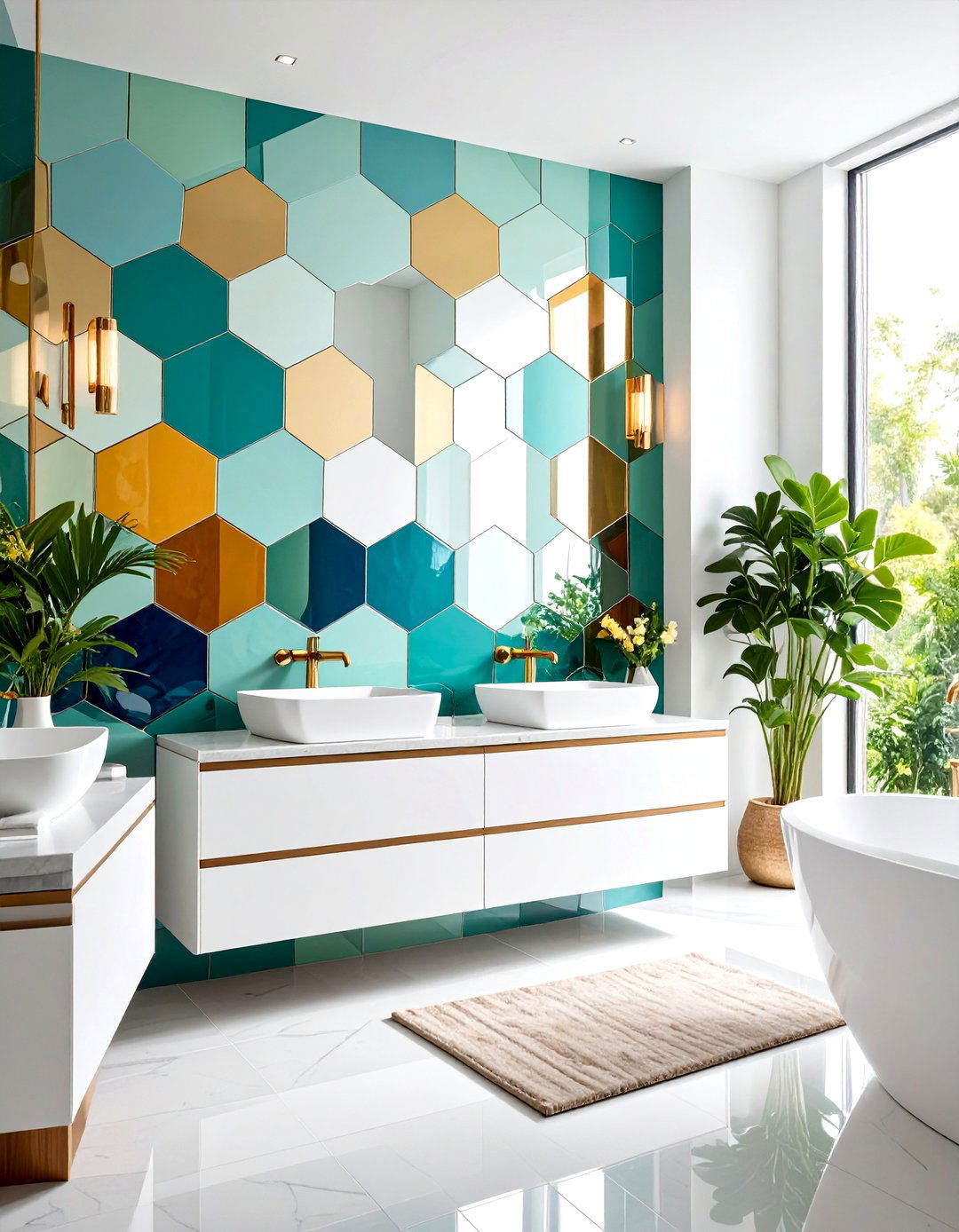 Hexagonal Mosaic Accent Walls - 24 Art Deco Bathroom Ideas
