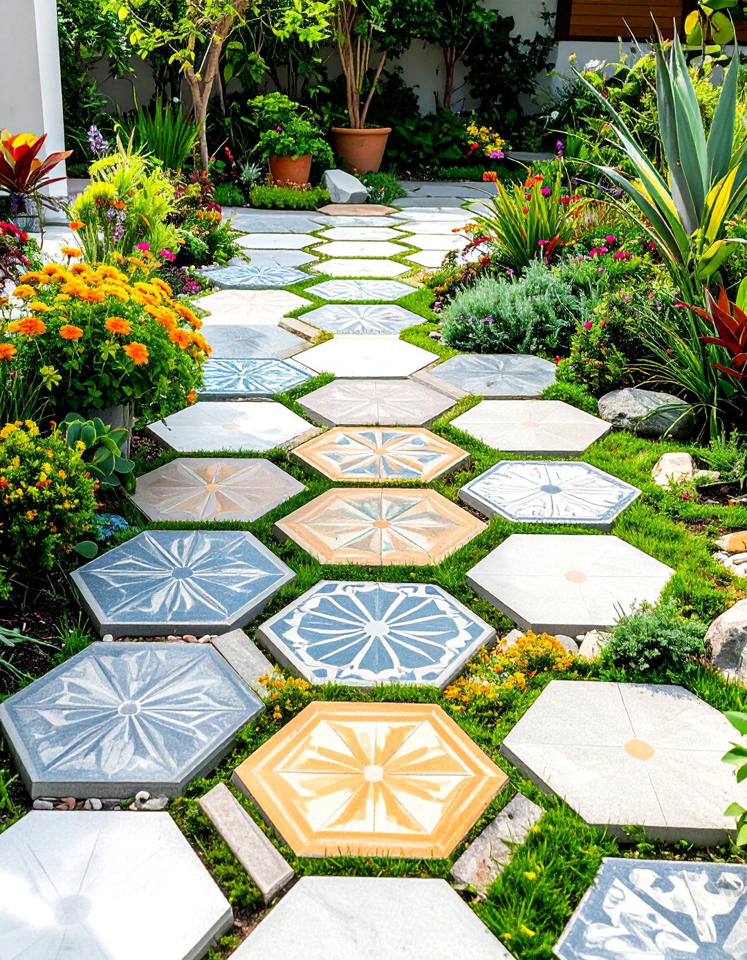 Hexagonal Pattern Modern Pathway - 24 Stepping Stone Walkway Ideas