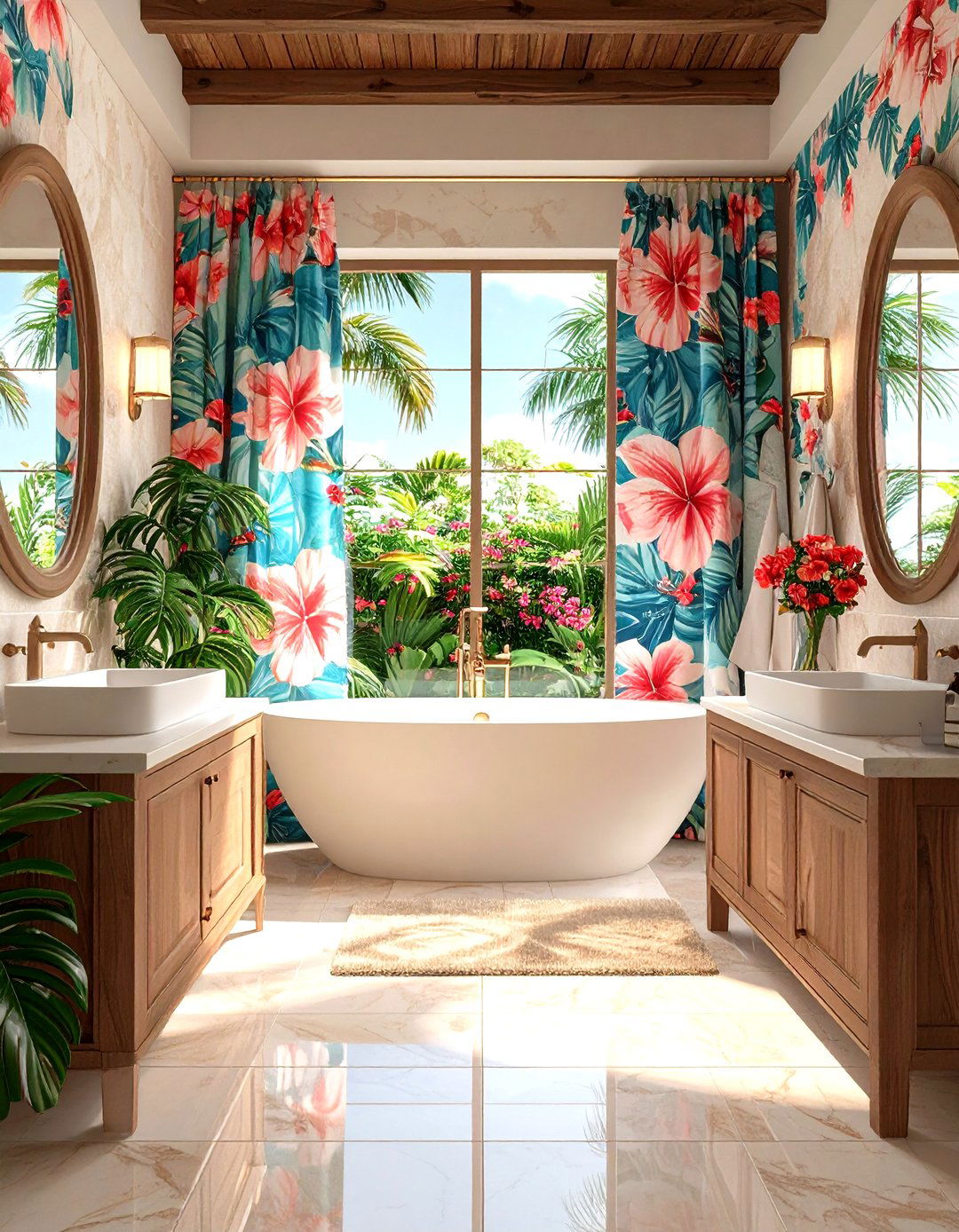 Hibiscus Floral Pattern Paradise - 24 Tropical Bathroom Ideas