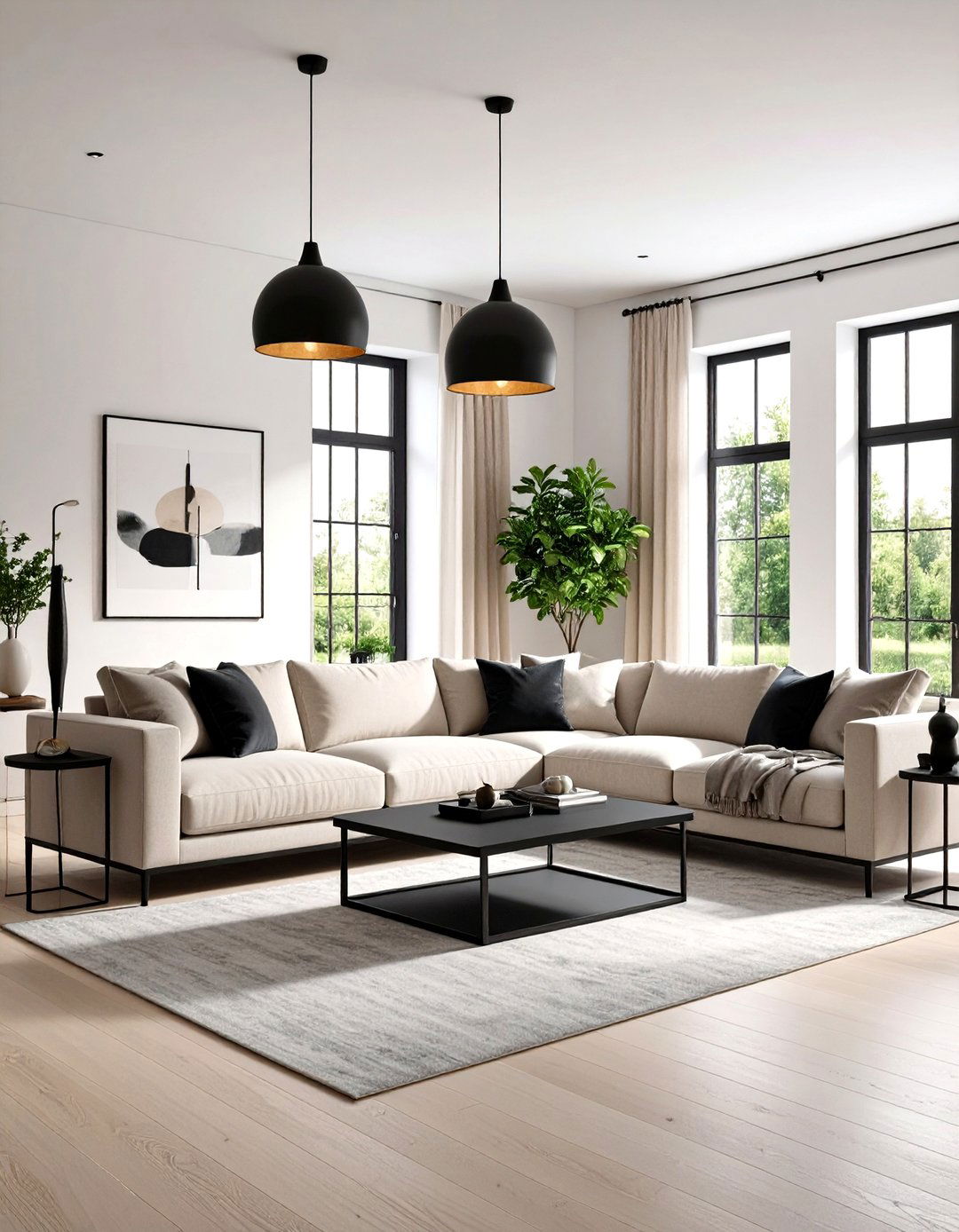 High Contrast Living Room with Black Trim Details - 24 Modern Living Room Ideas