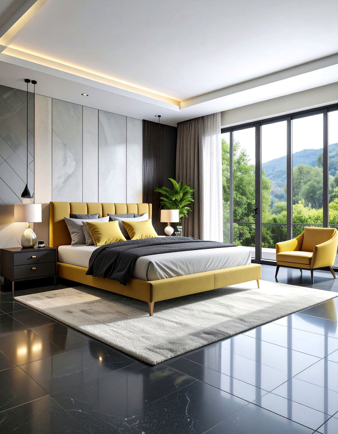 High Gloss Black Tile Modern Bedroom - 24 Black Floor Bedroom Ideas