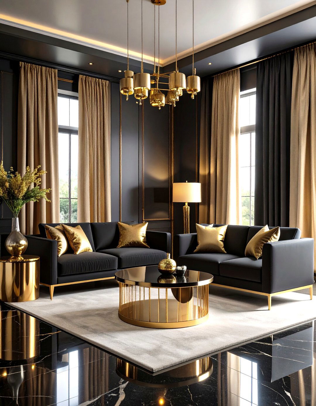 High Gloss Sophisticated Living - 24 Black and Gold Living Room Ideas