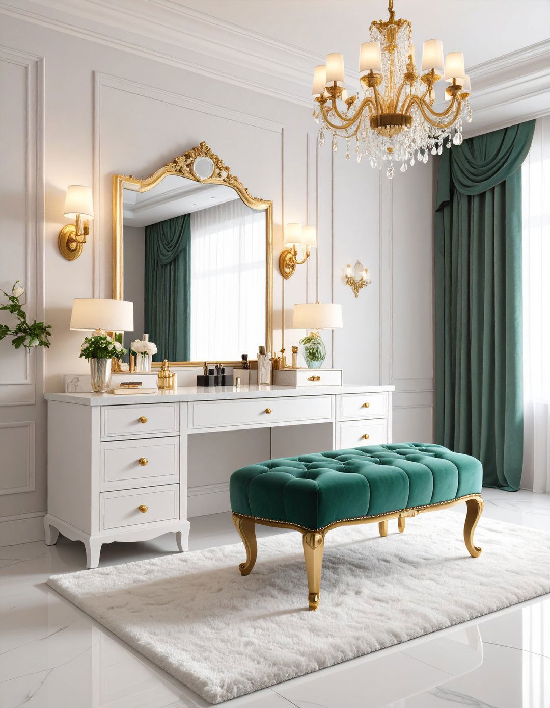 Hollywood Glam Vanity with LED Mirror Lights - 24 Makeup Vanity Ideas