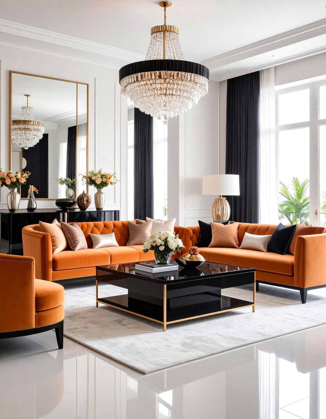 Hollywood Regency Black Mirror and Apricot Orange Living Room - 24 Black and Orange Living Room Ideas