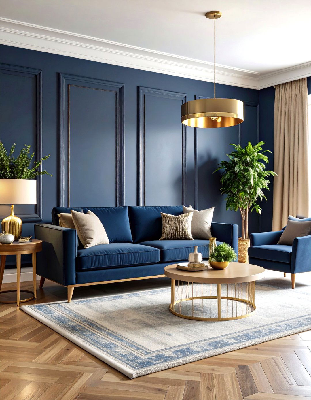 Horizontal Living Room Split with Navy and Cream - 24 Two Tone Wall Paint Ideas