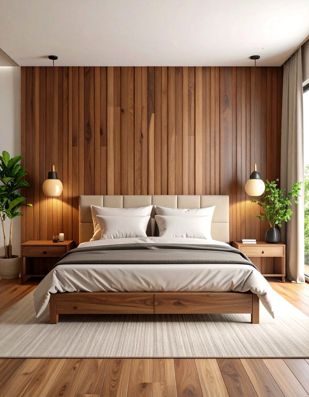 Horizontal Walnut Slat Accent Wall Behind Bed - 24 Wood Slat Accent Wall Ideas