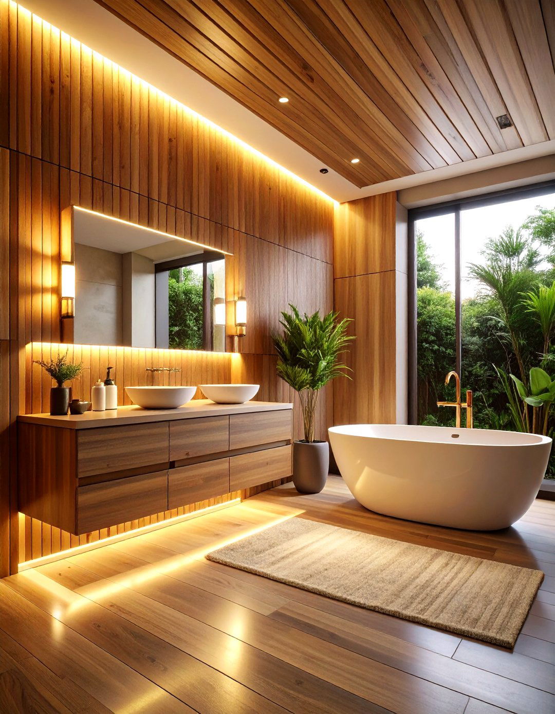 Horizontal Wood Slat Bathroom with Integrated Lighting - 24 Mid-century Modern Bathroom Ideas