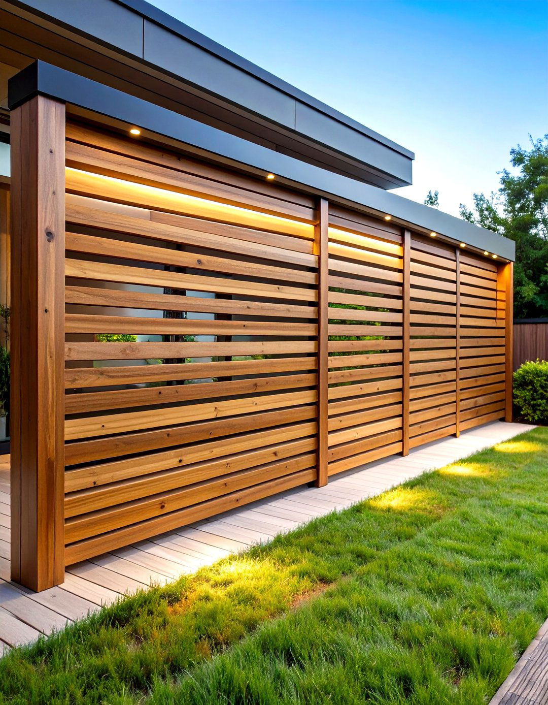Horizontal Wood Slat Privacy Wall with Integrated Lighting - 24 Deck With Privacy Wall