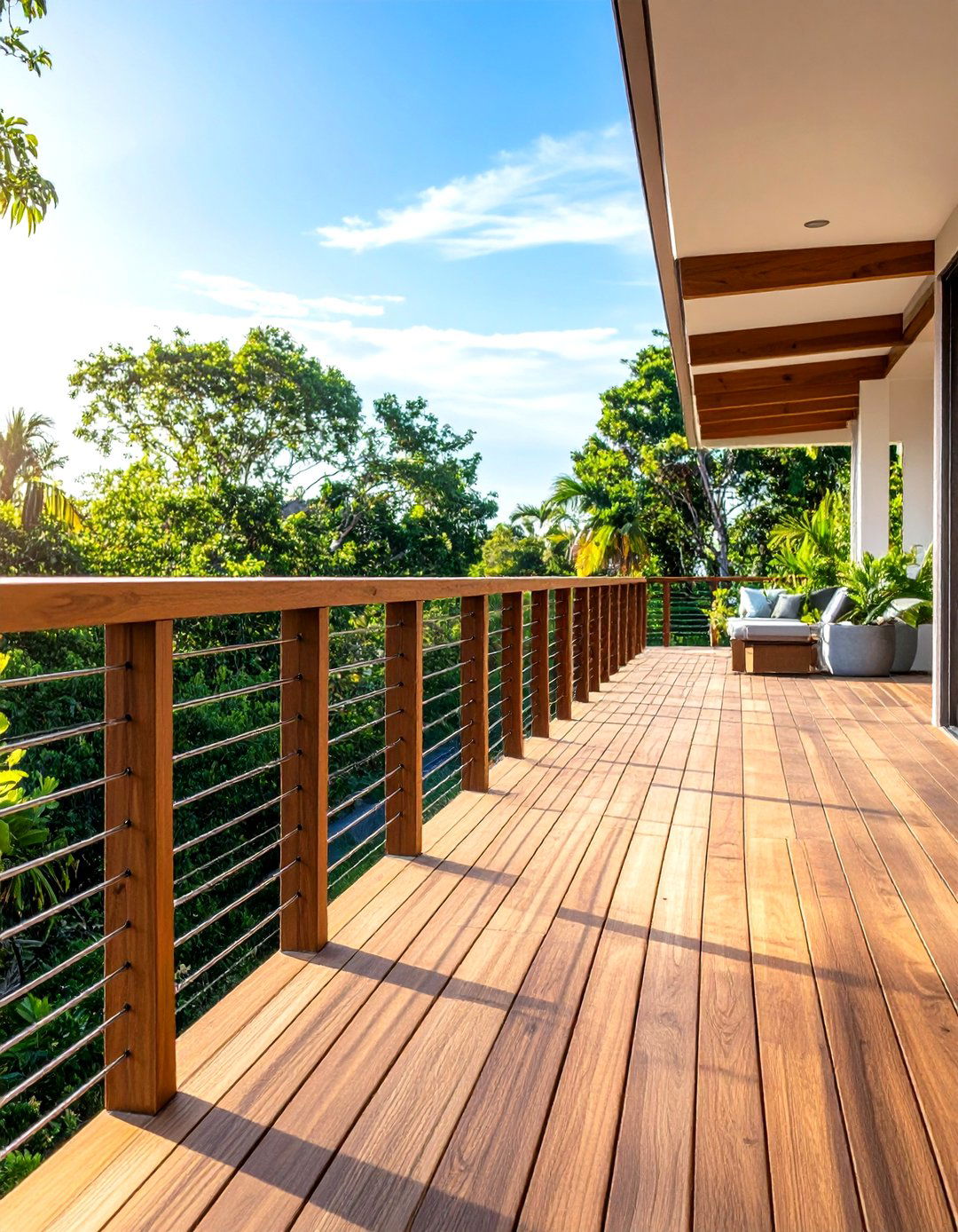 Horizontal Wood and Cable Hybrid System - 24 Horizontal Deck Railing Ideas
