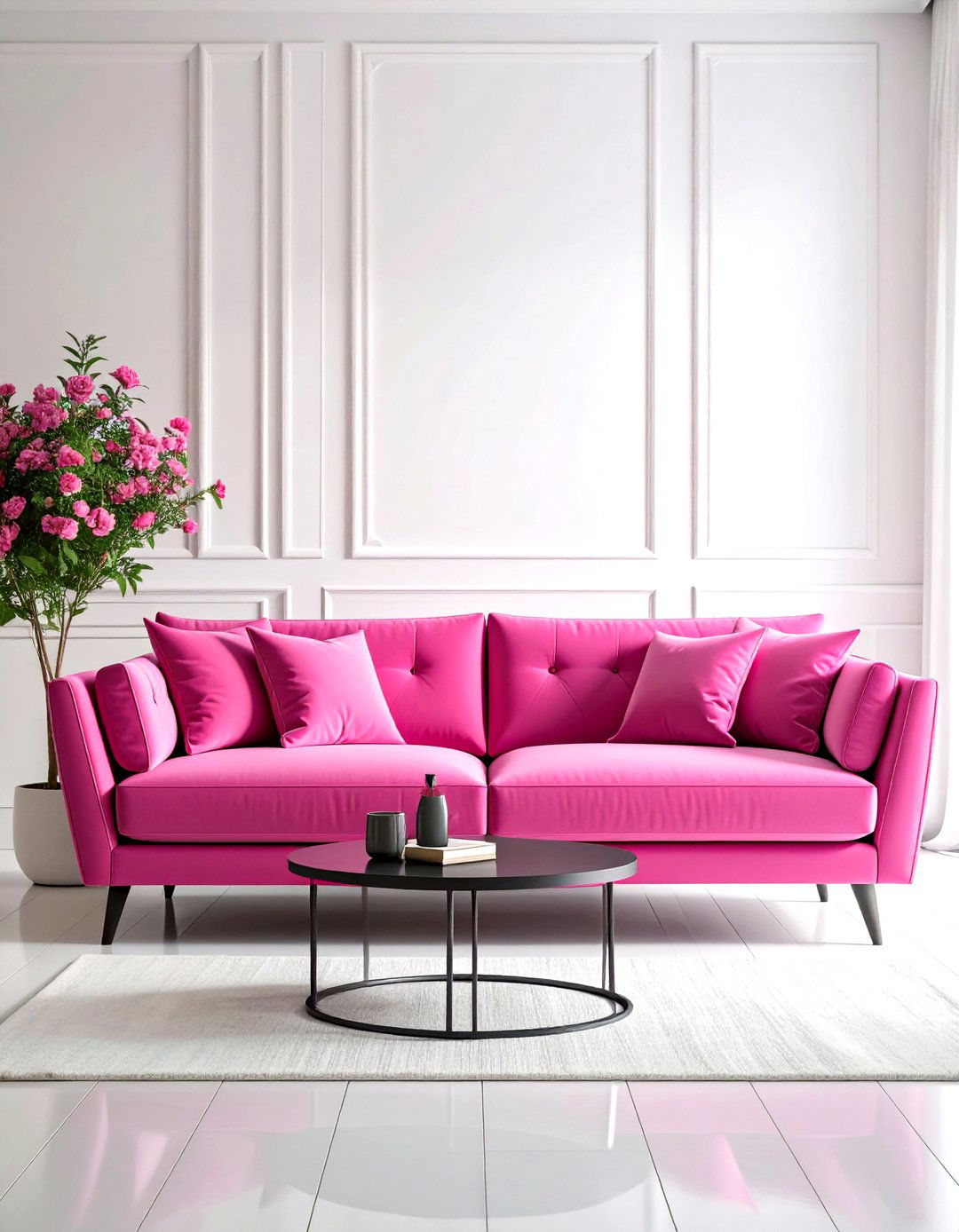 Hot Pink Statement Couch in Minimalist Setting - 24 Pink Couch Living Room Ideas