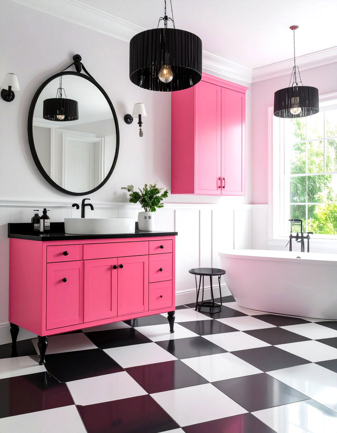 Hot Pink Vanity with Black and White Checkered Floors - 24 Pink and Black Bathroom Ideas