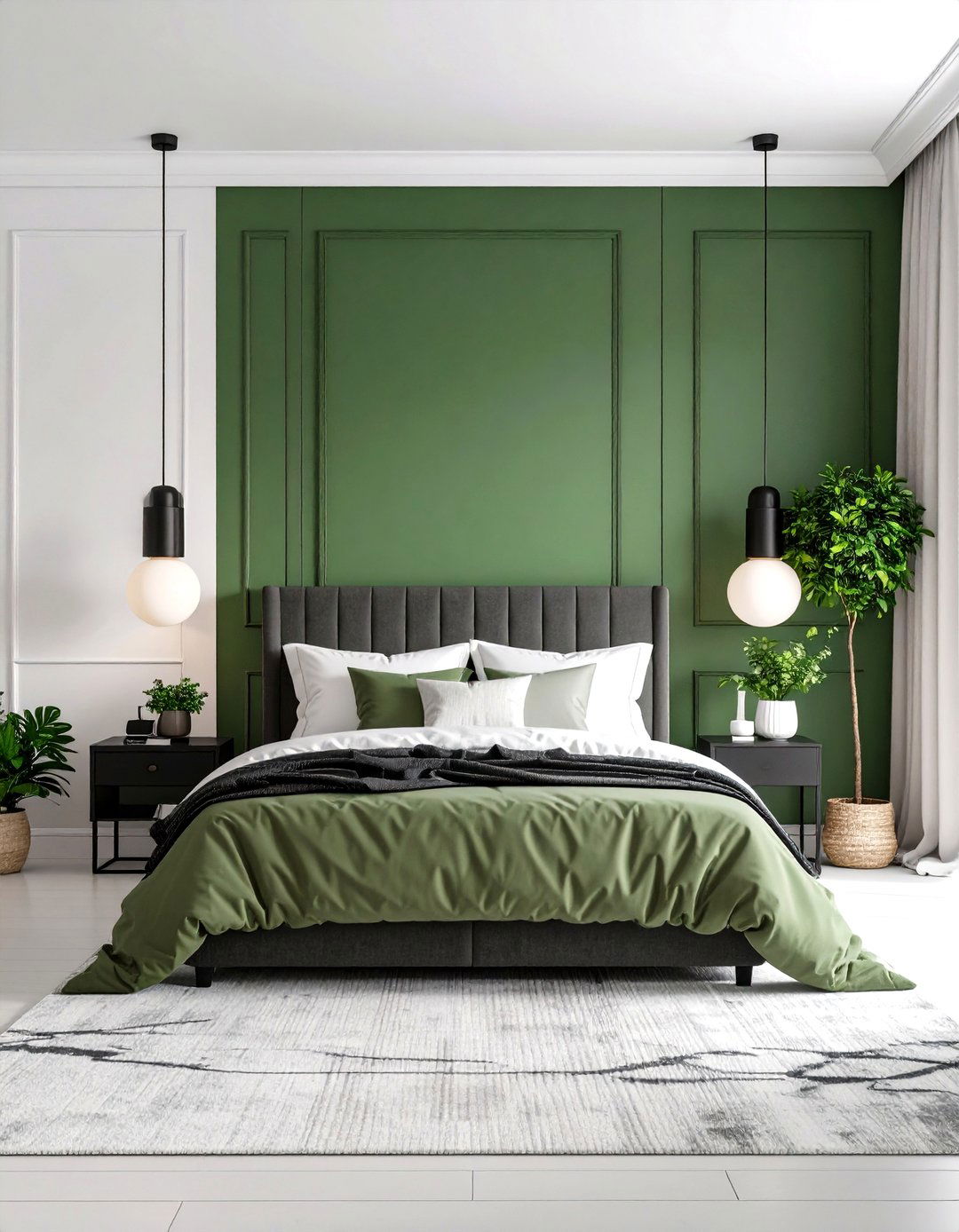 Hunter Green Accent Wall with Black Sconces - 24 Black and Green Bedroom Design Ideas