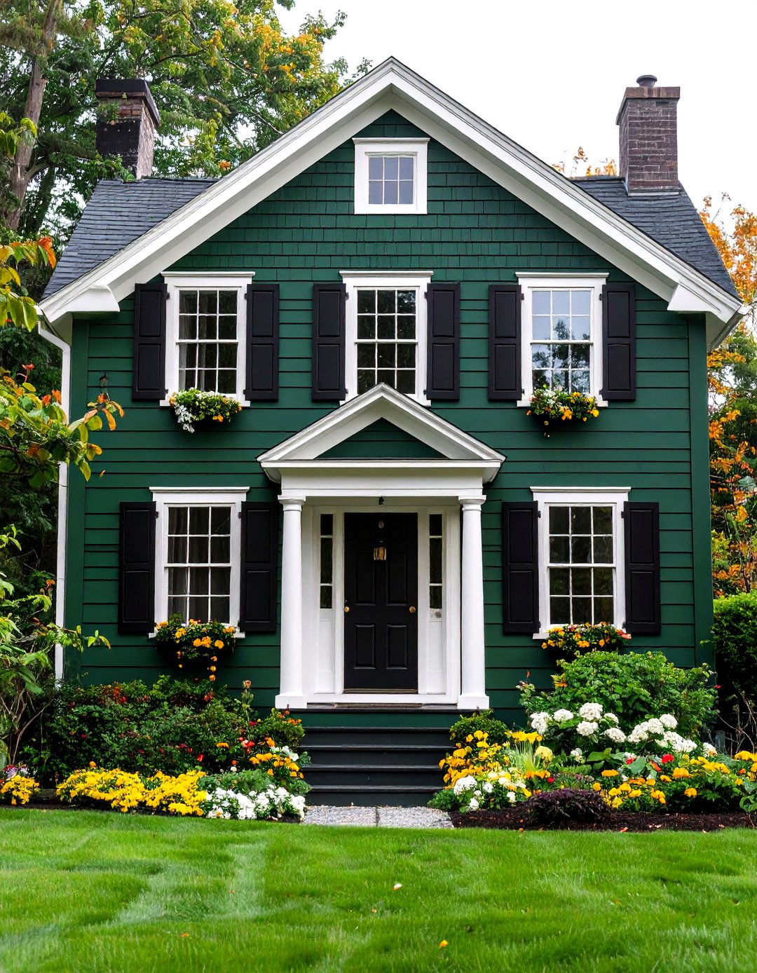 Hunter Green Colonial with Black Window Trim - 24 Green House Exterior With Black Trim