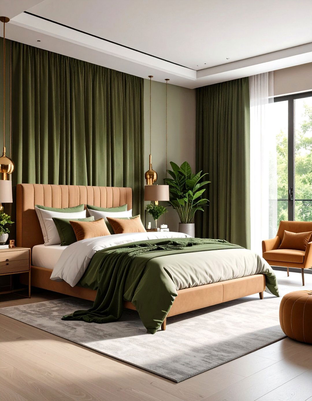 Hunter Green Curtains with Caramel Brown Furniture - 24 Green and Brown Bedroom Ideas