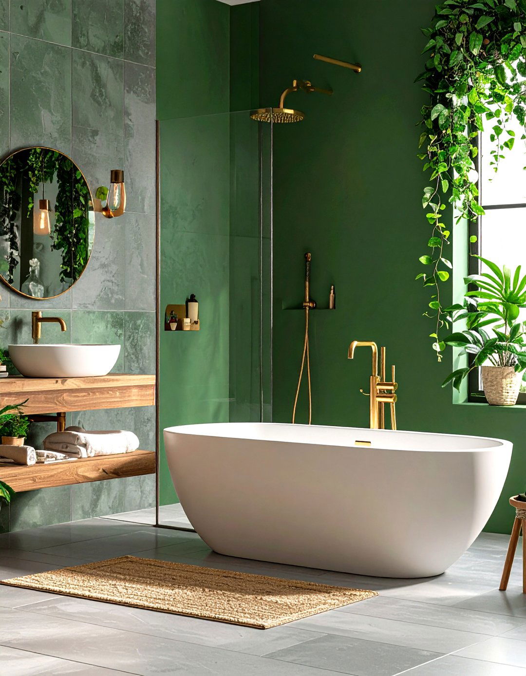 Hunter Green Feature Wall with Grey Tile Shower - 24 Green and Grey Bathroom Ideas