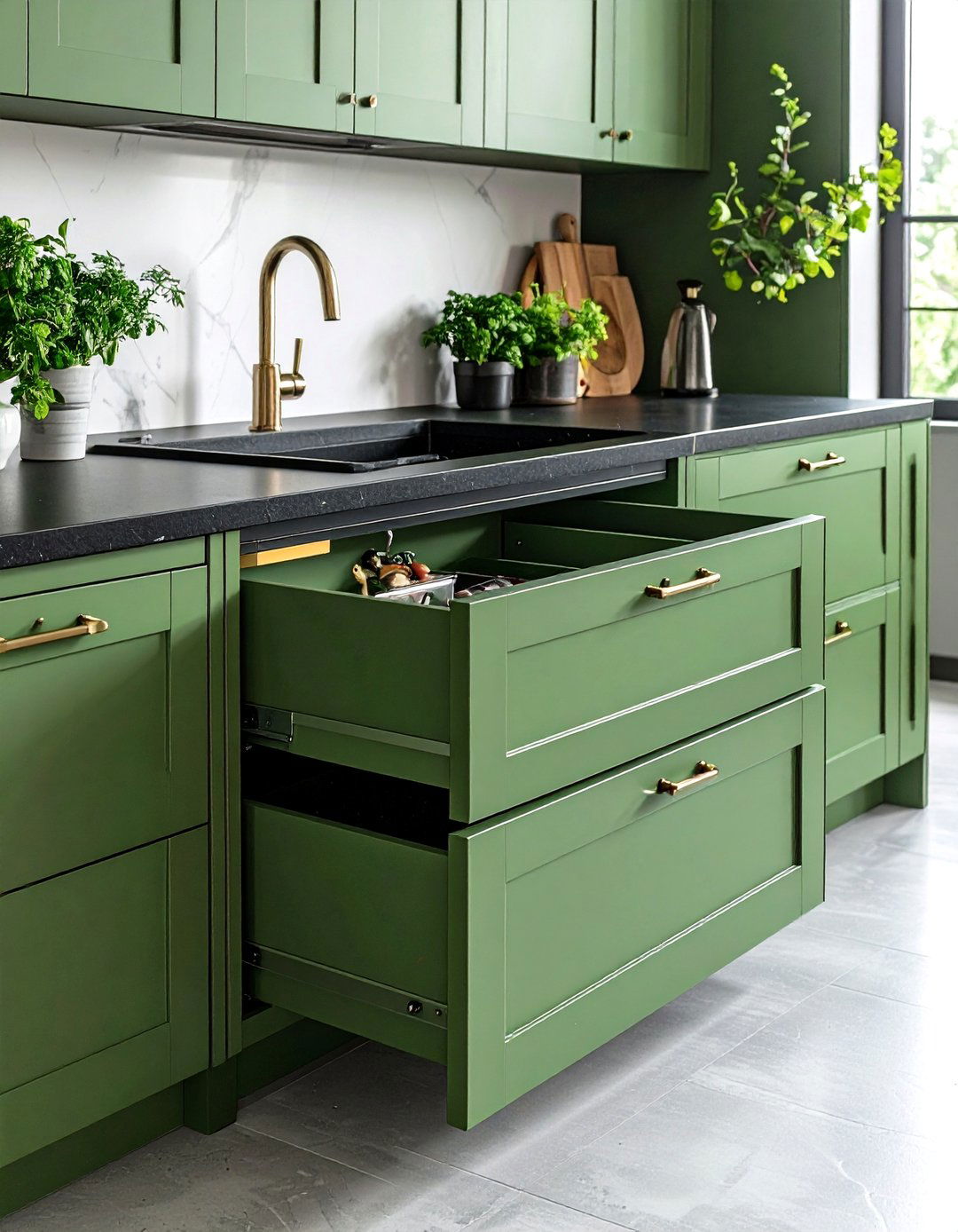 Hunter Green Kitchen Drawers with Black Countertop Edge Detail - 24 Black and Green Kitchen Ideas