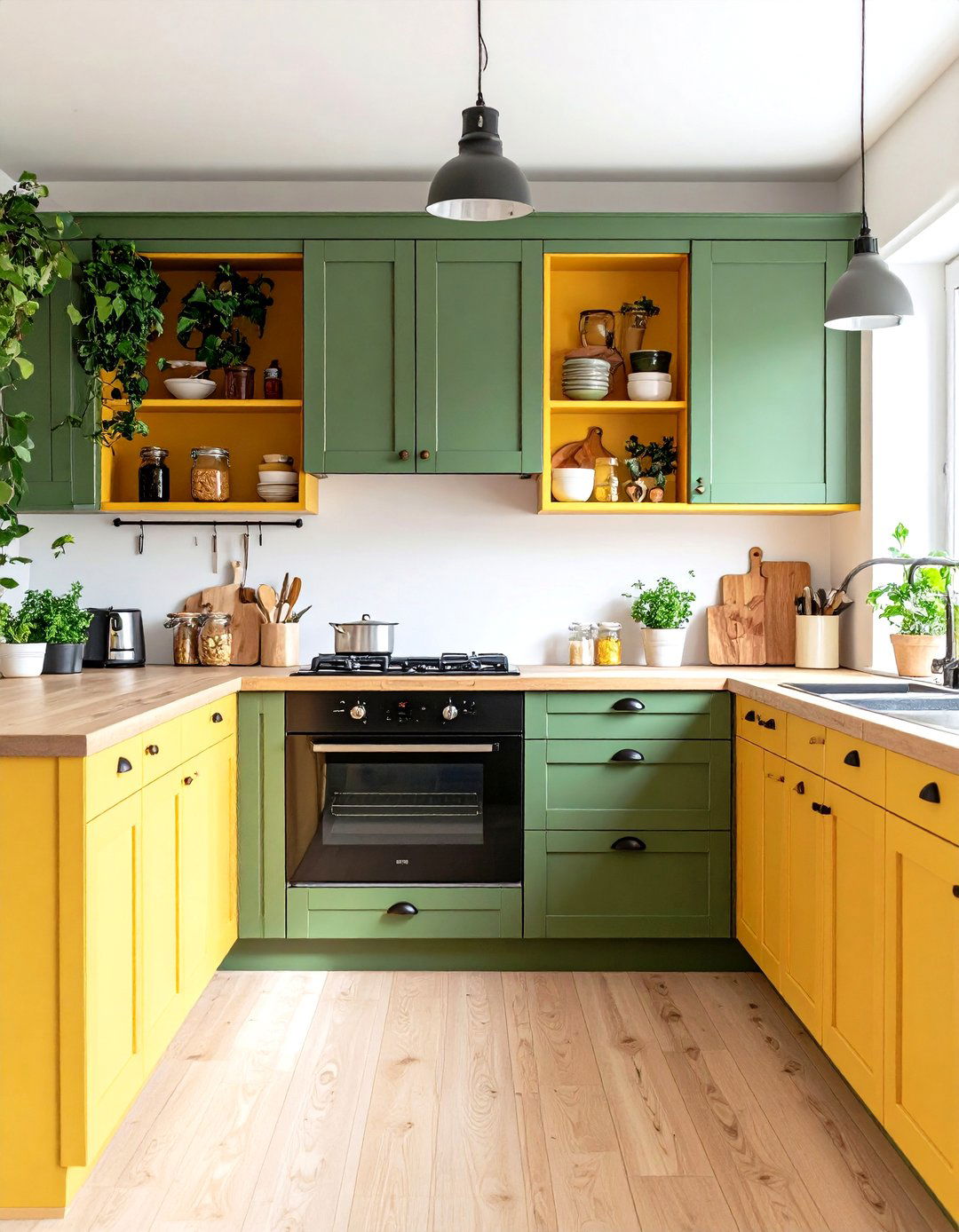 Hunter Green Pantry Door with Buttercup Yellow Open Shelving - 24 Green and Yellow Kitchen Ideas