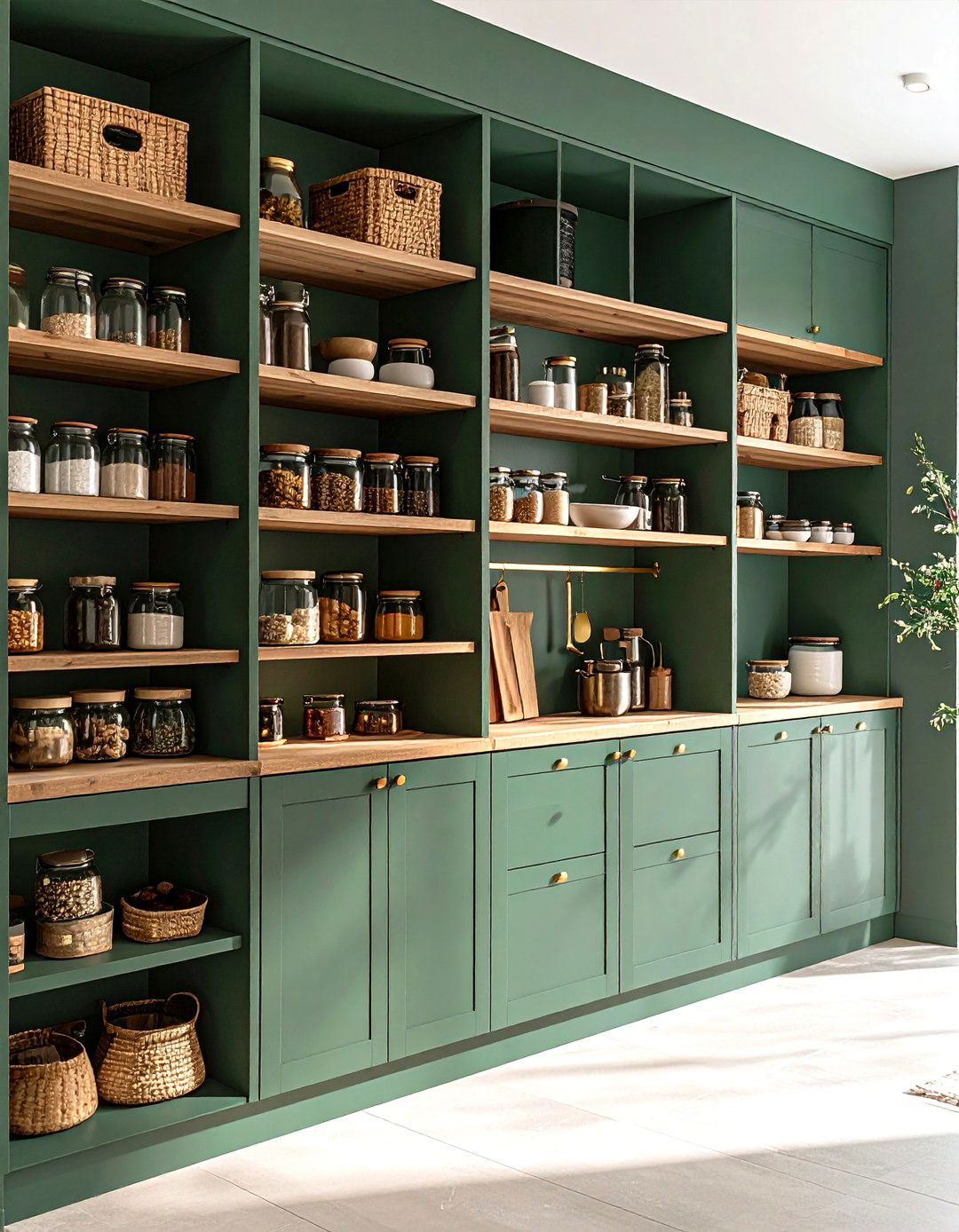 Hunter Green Pantry with Natural Wood Shelving - 24 Green and Brown Kitchen Ideas