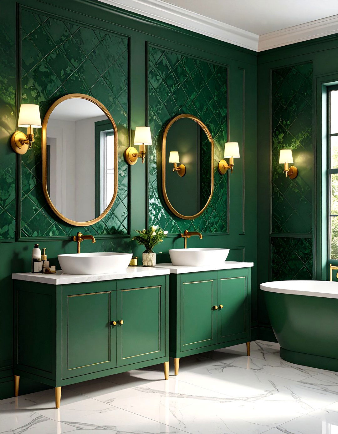 Hunter Green Patterned Wallpaper with Gold Sconces - 24 Green and Gold Bathroom Ideas