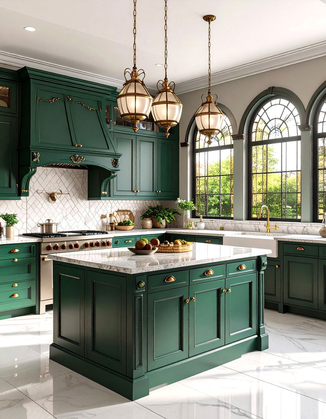 Hunter Green Victorian Kitchen with Stained Glass - 24 Green Kitchen Cabinet Ideas