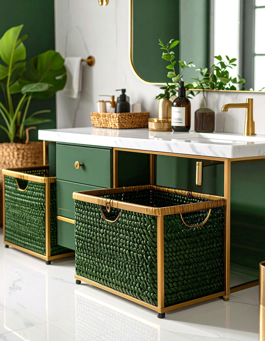Hunter Green Woven Baskets with Gold Metal Frames - 24 Green and Gold Bathroom Ideas