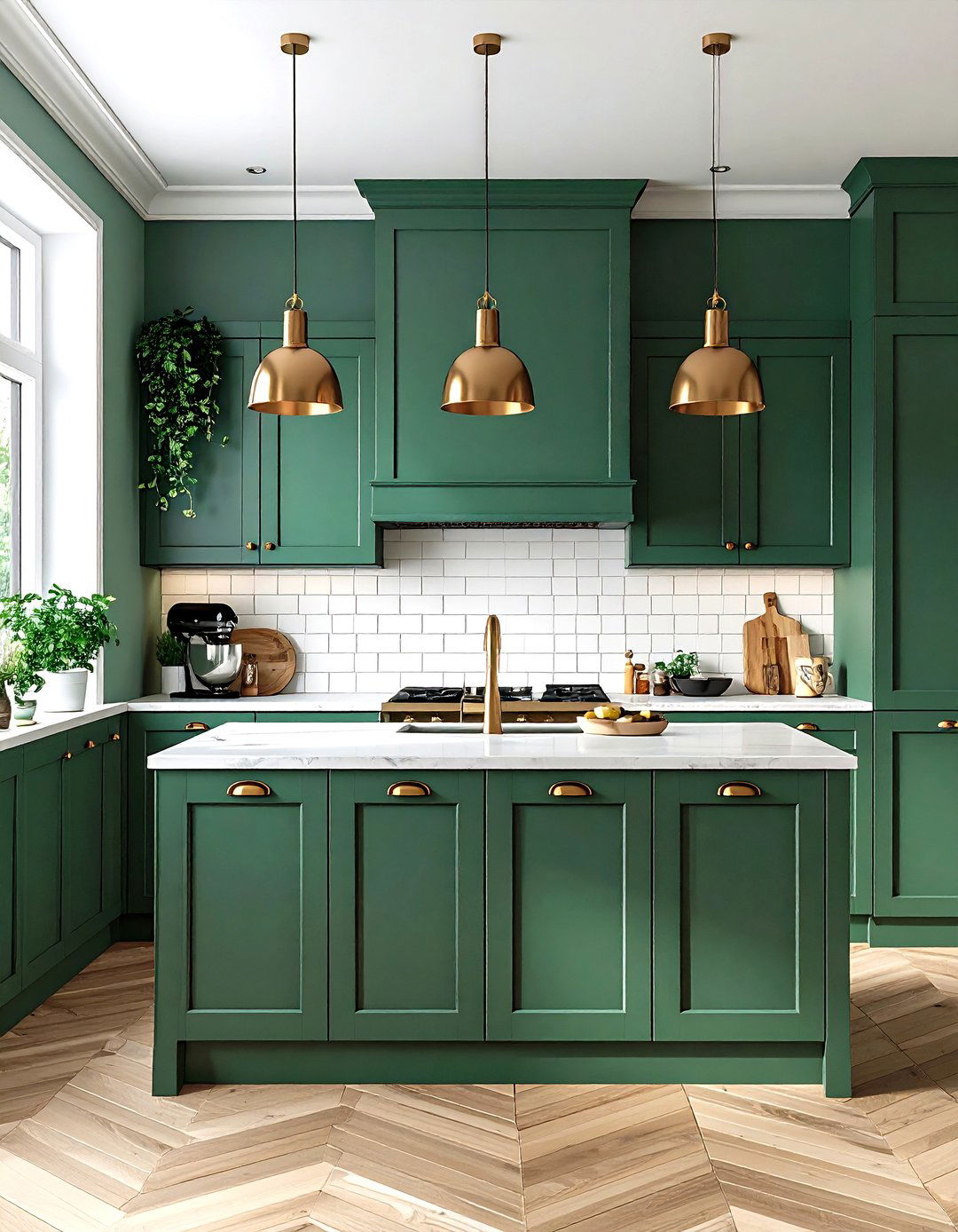 Hunter Green with Brass Hardware Kitchen - 24 Dark Green Accent Wall Ideas
