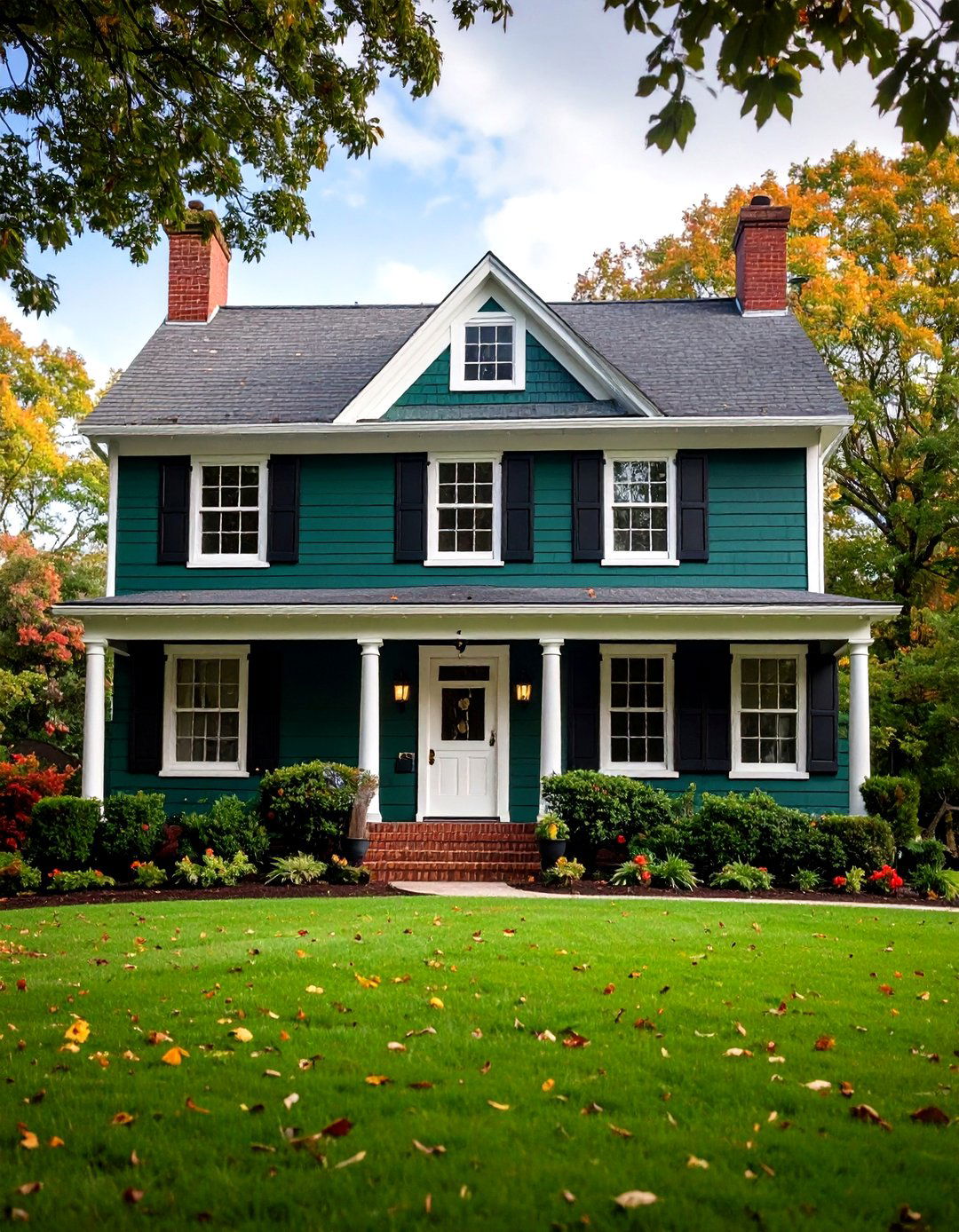 Hunter Green with Brick Foundation Design - 24 Green Exterior House Paint Ideas