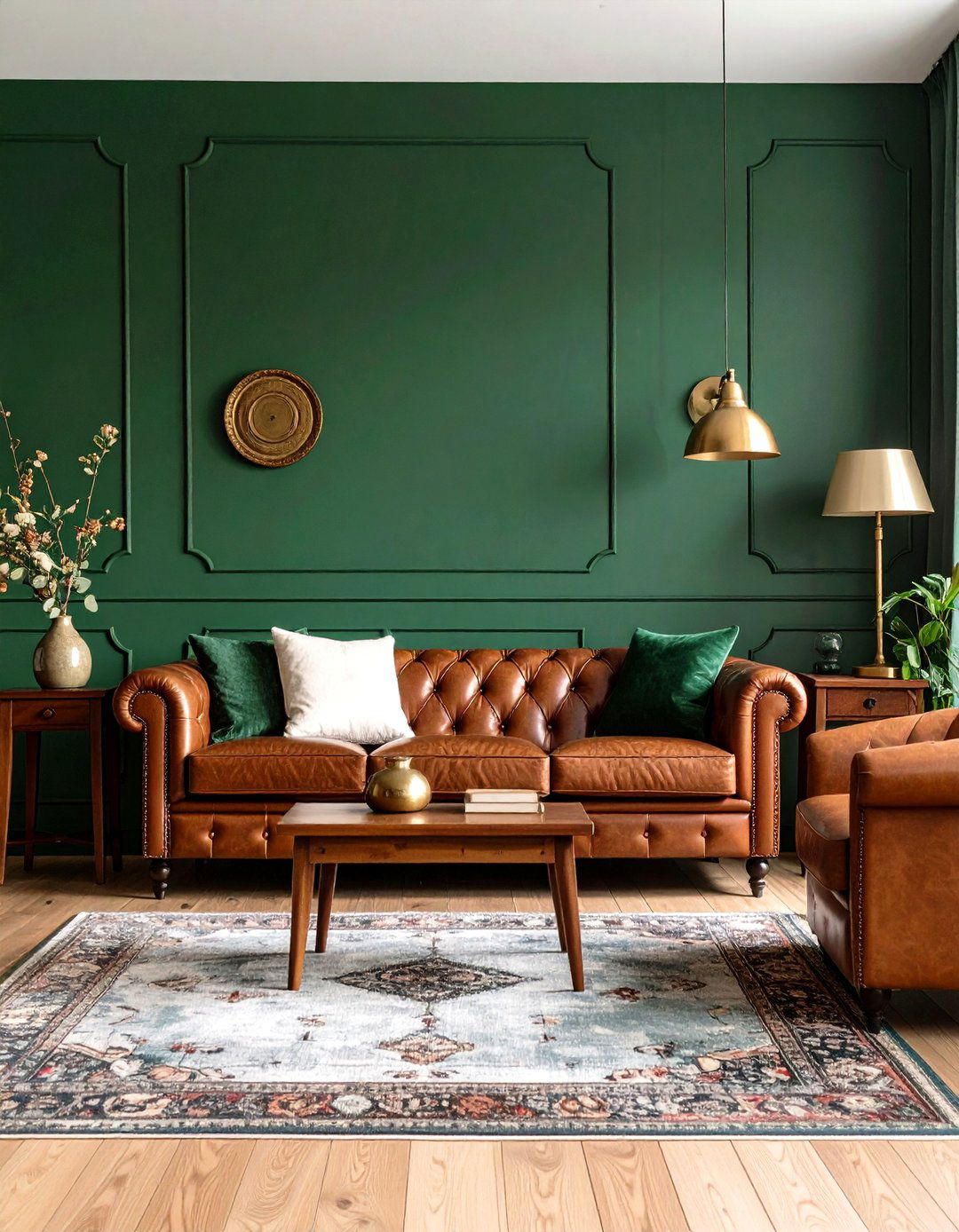 Hunter Green with Leather Furniture Den - 24 Dark Green Accent Wall Ideas
