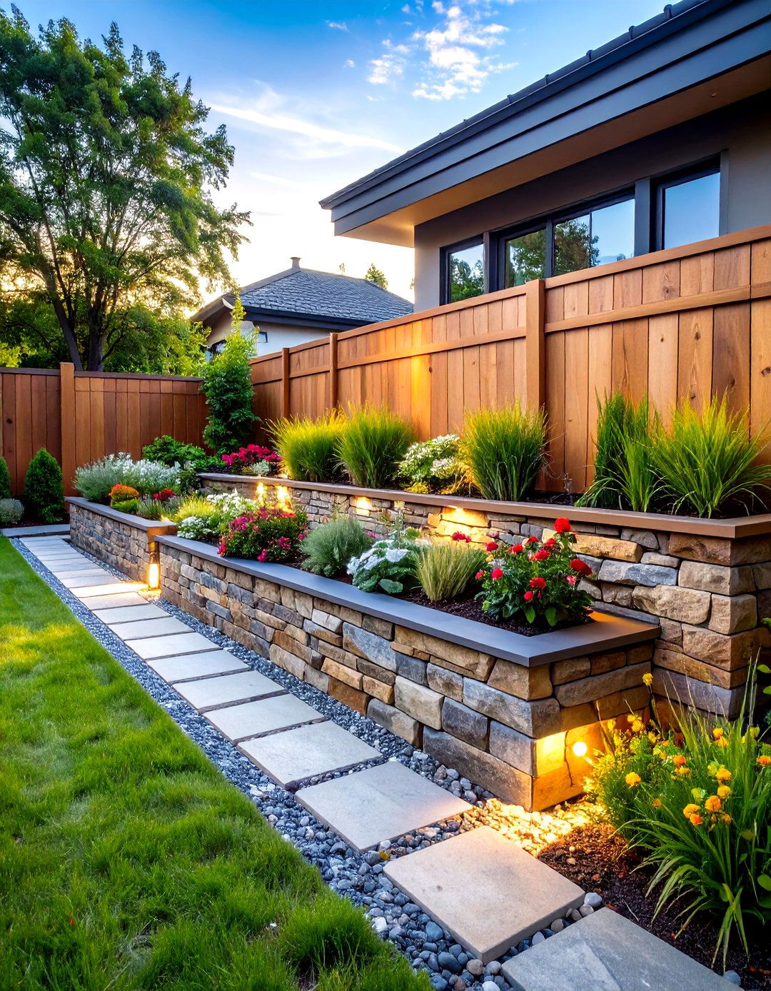 Hybrid Stone and Timber Retaining Wall - 24 Retaining Wall Ideas for Sloped Backyard