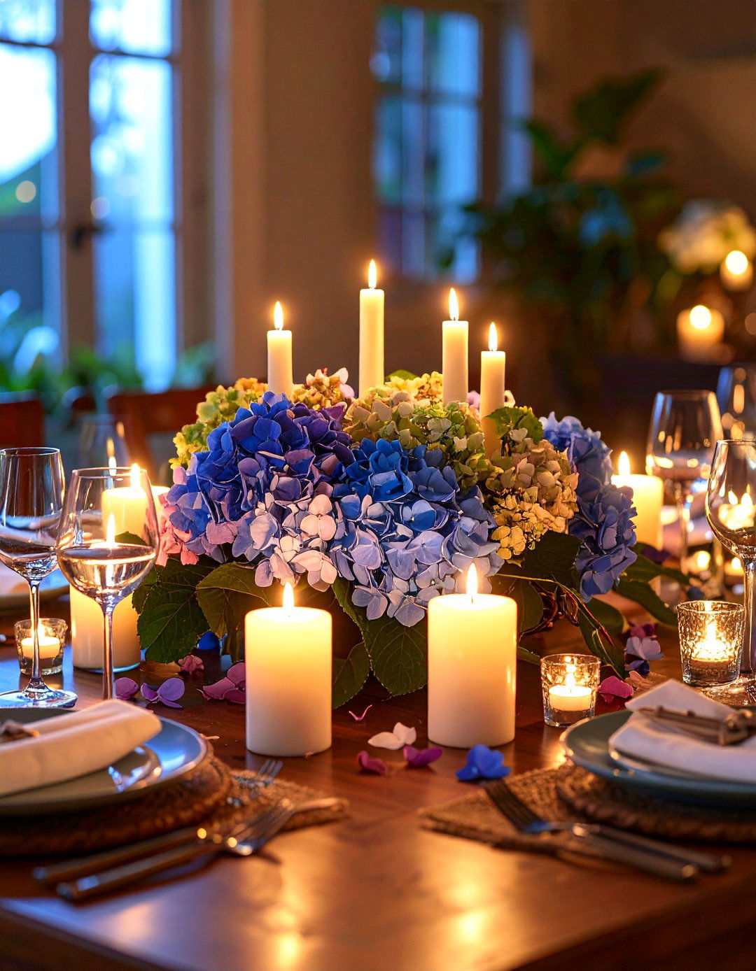 Hydrangea and Candle Romantic Centerpieces - 24 Hydrangea Centerpiece Ideas