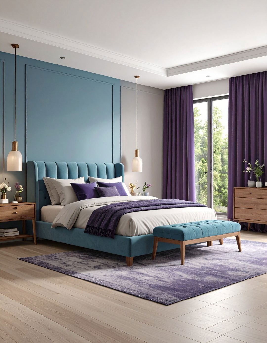 Ice Blue Bedding with Eggplant Purple Curtains - 24 Blue and Purple Bedroom Ideas