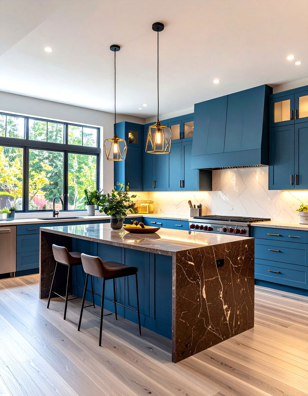 Ice Blue Contemporary Cabinets with Chocolate Brown Granite Waterfall Islands - 24 blue kitchen cabinets with brown granite countertops