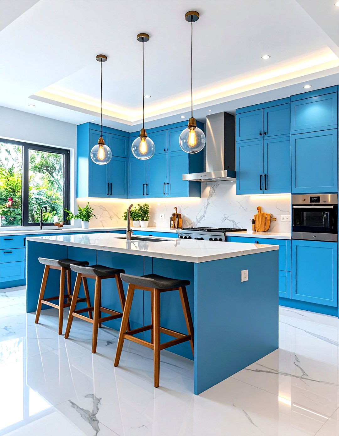 Ice Blue Contemporary Cabinets with Waterfall Counters - 24 Light Blue Kitchen Cabinets Ideas