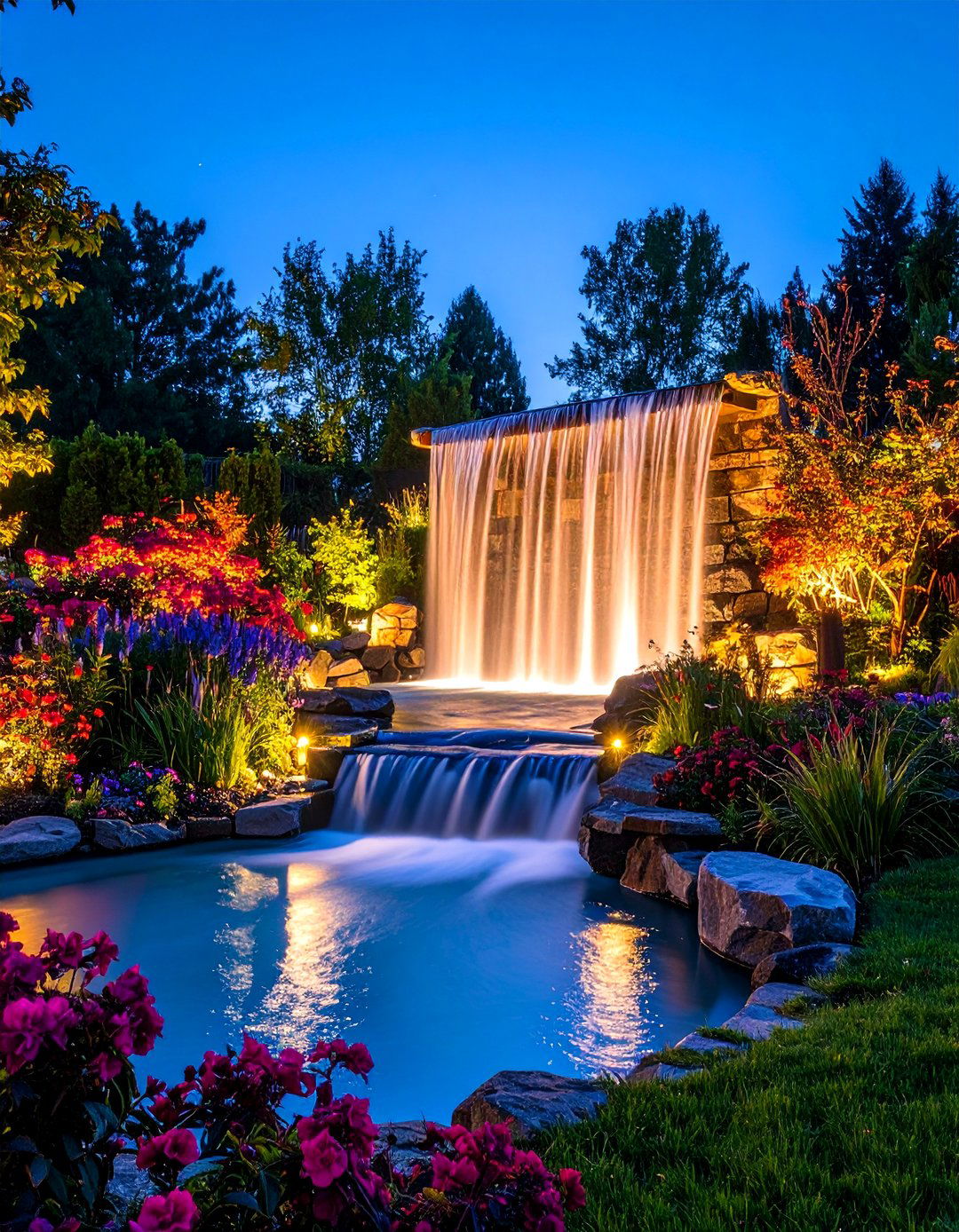 Illuminated Rain Curtain Waterfall - 24 Backyard Waterfall Ideas